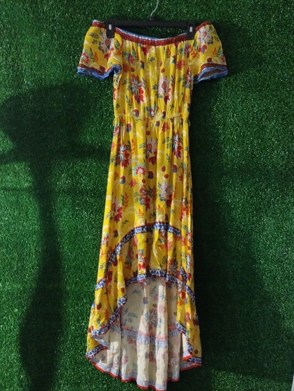 Flying Tomato Yellow Floral Off-Shoulder High-Low Dress with Blue Trim